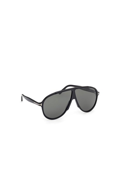 Black aviator sunglasses with dark gray lenses, featuring a sleek plastic frame and metallic accents on the arms.