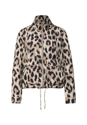 Béžová a černá bunda s leopardím vzorem na zip, s vysokým límcem, dlouhými rukávy, předními kapsami s klopami a nastavitelným stahovacím lemem.