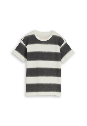 Kurzärmeliger Strickpullover mit breiten schwarzen und weißen horizontalen Streifen und rundem Ausschnitt auf weißem Hintergrund.