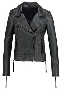 Veste de motard en cuir noir avec fermeture éclair asymétrique à l'avant, larges revers, poches latérales zippées et détails zippés sur les manches.