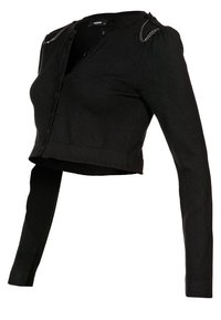 Svart kortad cardigan gjord av stickat material, med långa ärmar, knäppning framtill och kedjeaccenter på axlarna.