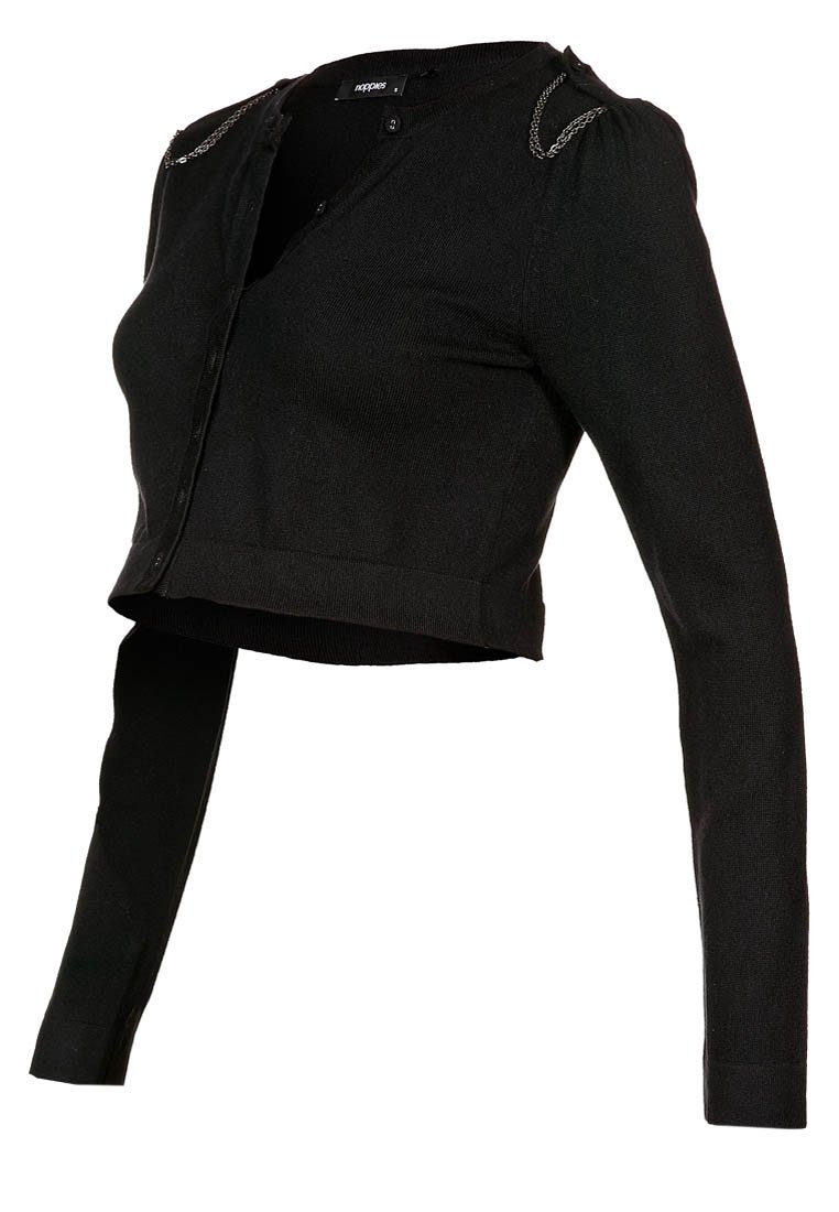 Svart kortad cardigan gjord av stickat material, med långa ärmar, knäppning framtill och kedjeaccenter på axlarna.