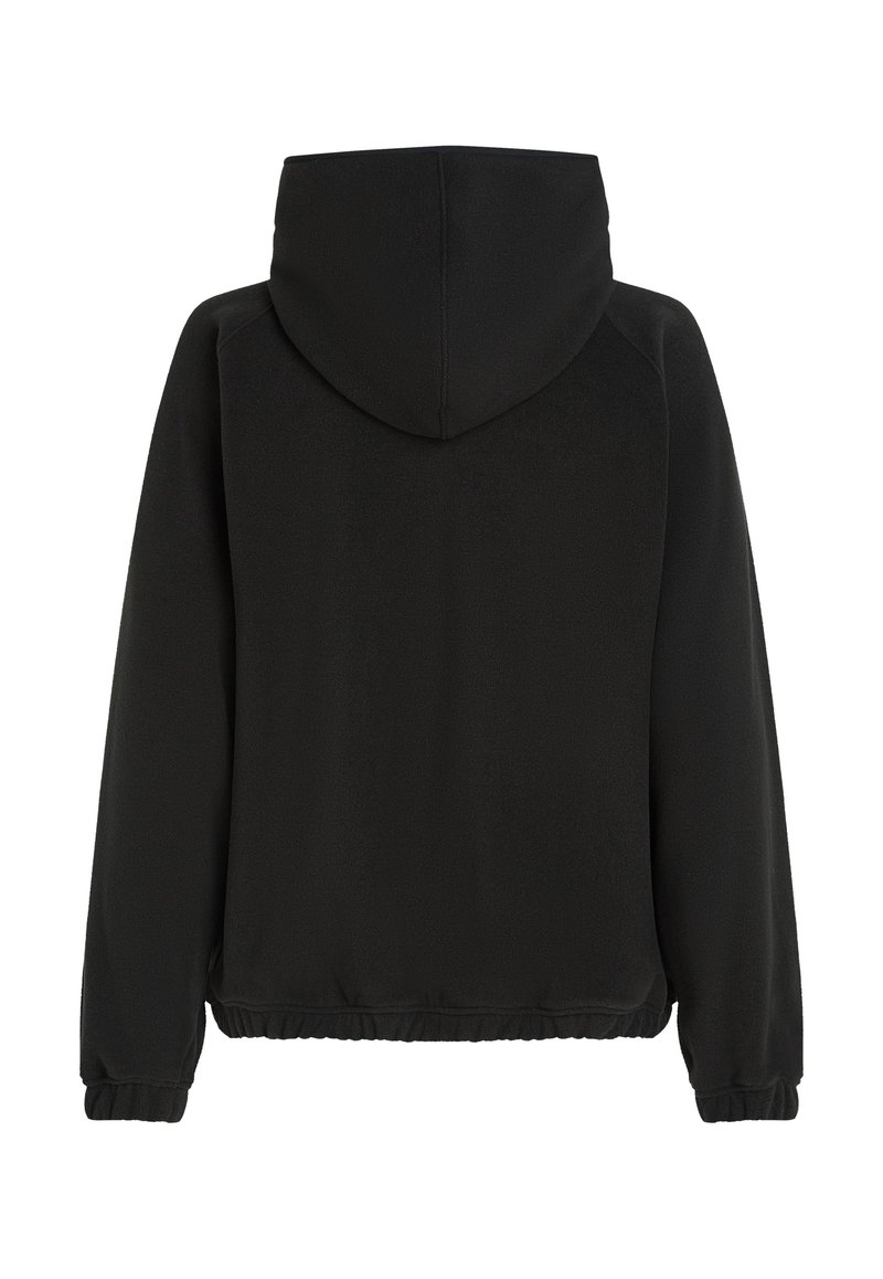 Schwarzer Kapuzenpullover aus einem weichen, strukturierten Stoff. Mit elastischen Bündchen und einer Kordelzugkapuze ausgestattet, minimalistisches Design ohne Verzierungen.