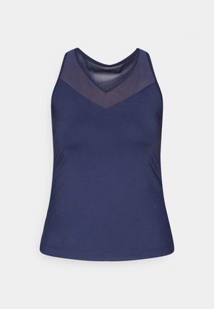 Navy blue tank top with a V-neck and mesh panel design. Smooth fabric with a fitted shape and stitched hem.