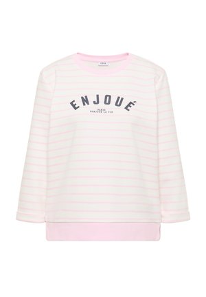 Sweat-shirt blanc avec fines rayures roses, col et ourlet roses, et texte noir « ENJOUÉ Paris Bonjour la Vie » sur la poitrine.