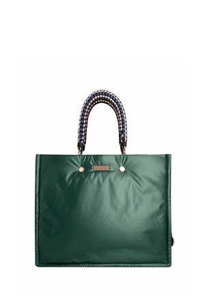 Sac cabas rectangulaire vert foncé avec texture rembourrée, doté de poignées tressées en noir, bleu et rose.