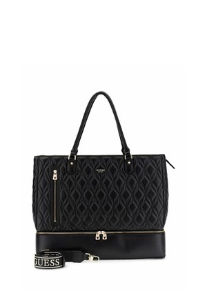 Sac cabas matelassé noir Guess avec double poignée, poche avant zippée, poche inférieure zippée et bandoulière amovible avec logo.