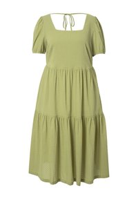 Leichtgrünes Kleid mit Puffärmel, quadratischem Ausschnitt, strukturiertem Stoff, gestuftem Rock und Schleifenverschluss auf der Rückseite.