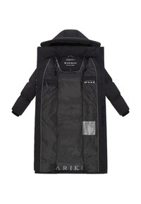 Black puffer coat with a hood, featuring a zip front, side pockets, and logo detail along the hem. Interior is lined with a smooth fabric.