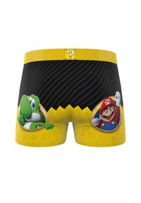 Caleçons boxers jaunes et noirs avec Yoshi et Mario dans des cadres ovales, avec une ceinture jaune affichant un bloc de question de style Mario.