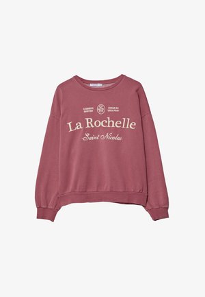 Bordowa bluza z długim rękawem i okrągłym dekoltem, z elastycznymi mankietami, z białym napisem: „La Rochelle Saint Nicolas” oraz dodatkowymi szczegółami powyżej.