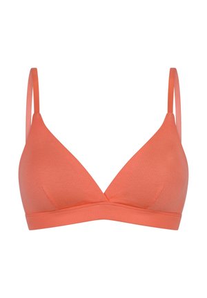 Korallinvärinen ribbattu bralette, jossa on kolmion muotoinen kuppi, säädettävät olkaimet ja leveä tukiote. Sileä pinta.