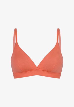 Bralette de color coral con canalé que presenta un diseño de copa triangular, tirantes ajustables y una banda ancha para mayor soporte. Textura suave.