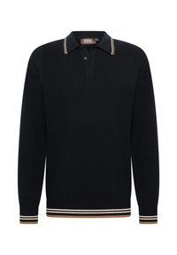 Polo shirt a righe a coste navy con maniche lunghe, dotato di colletto con strisce a contrasto e accenti a righe nei polsini e nell'orlo.