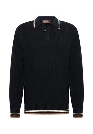 Polo shirt a righe a coste navy con maniche lunghe, dotato di colletto con strisce a contrasto e accenti a righe nei polsini e nell'orlo.
