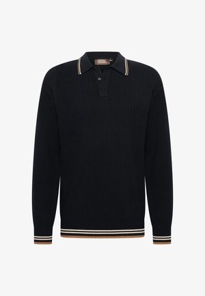 Polo shirt a righe a coste navy con maniche lunghe, dotato di colletto con strisce a contrasto e accenti a righe nei polsini e nell'orlo.