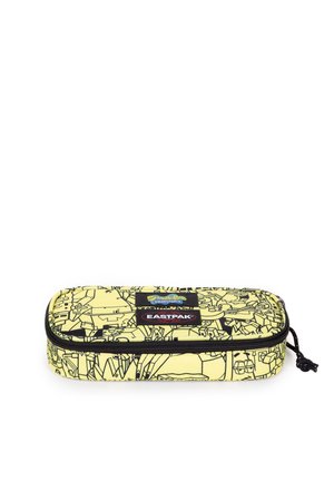 Estuche rectangular amarillo con dibujos abstractos en línea negra, cremallera negra y parches con los logos de Bob Esponja y Eastpak.
