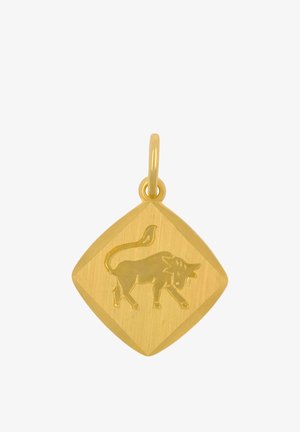 Pendente in oro con design a rilievo di un toro su una base a forma di diamante e un anello per attaccarlo a una collana o a un braccialetto.