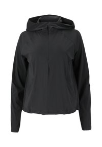 Giacca leggera nera con cappuccio e zip frontale a metà, dotata di maniche lunghe e tasche laterali, realizzata in un materiale liscio e elasticizzato.