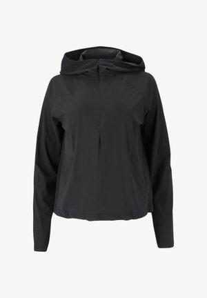 Schwarze, leichte Kapuzenjacke mit halbgeschütztem Reißverschluss vorne, langen Ärmeln und seitlichen Taschen, aus einem glatten, elastischen Material gefertigt.
