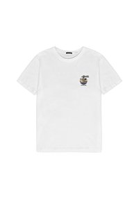 Biała bawełniana koszulka z krótkim rękawem, okrągłym dekoltem i małym motywem graficznym na lewej piersi w postaci wzoru z pałeczkami i miseczką.