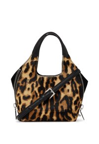 Leopard print handbag with black leather accents, featuring a unique shape, zip closure, and detachable shoulder strap. Soft, textured surface.