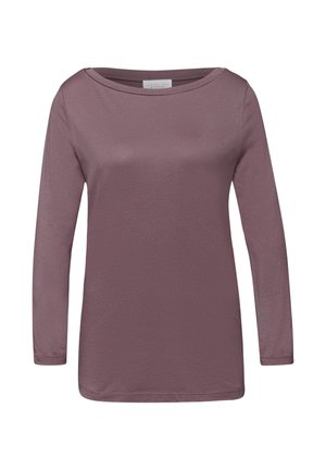 Chemise mauve à manches longues avec un col rond, design simple et tissu lisse, présentée sur un fond blanc.
