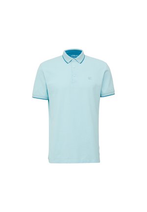Lichtblauwe poloshirt van katoen, met een kraag, korte mouwen en contrasterende donkerblauwe accenten langs de kraag en mouwen.
