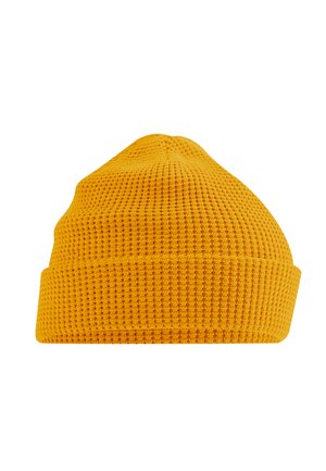 Bright yellow knitted beanie with a folded brim, featuring a textured waffle knit pattern.