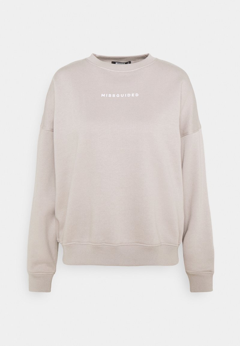 Sweat-shirt beige à col rond avec manches longues et logo "MISSGUIDED" centré sur la poitrine en texte blanc.