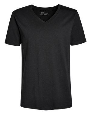 Sort slim fit T-shirt med korte ærmer og V-hals, medium størrelse, ensfarvet design, vist på hvid baggrund.