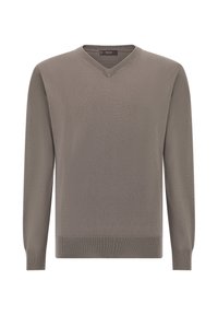 V-Ausschnitt Pullover in olivgrün, gestrickte Textur, lange Ärmel, gerippte Bündchen und Saum, Etikett am Kragen. Einfaches Design, keine Muster oder Akzente.
