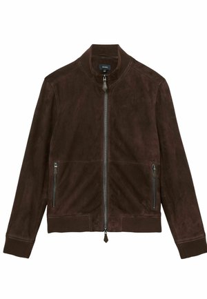 Donkerbruine suède bomberjack met ritssluiting aan de voorkant, twee ritssluiting-zijzakken, geribbelde kraag, manchetten en zoom.