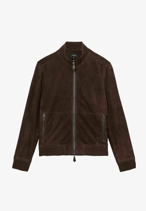 Blouson aviateur en daim marron foncé avec fermeture éclair à l'avant, deux poches latérales zippées, col, poignets et ourlet côtelés.