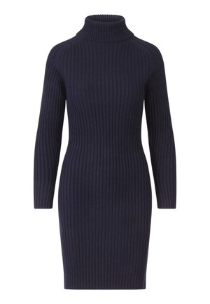 Granatowa sukienka dzianinowa ze ściągaczem i długimi rękawami. Dopasowany krój podkreśla teksturę i design.