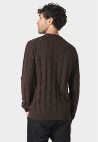 Brauner strukturierter Pullover mit geometrischem Muster, Rundhalsausschnitt und geripptem Saum. Der Pullover ist mit dunklen Jeans gestylt und das Modell ist von hinten sichtbar.