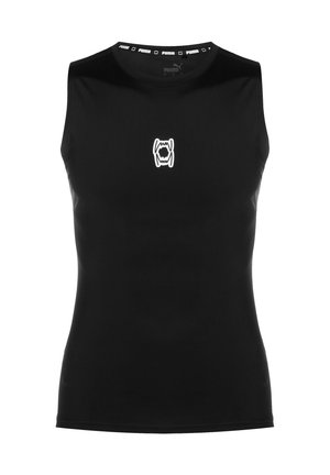 Zwart sporttop zonder mouwen, gemaakt van gladde stof, met een ronde halslijn en een wit grafisch logo in het midden van de borst.