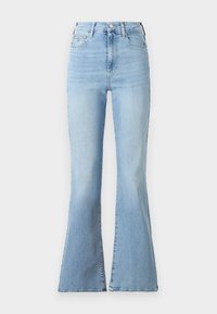 Jeans a campana azzurri chiari con vita alta, in denim, con una texture sbiadita e il classico design a 5 tasche. Presentano una chiusura con bottone e cerniera.
