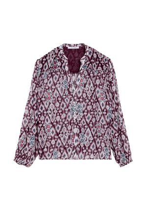 Blouse met lange mouwen en een abstract bloemen- en geometrisch patroon in kastanjebruin, grijs en roze, met een ronde halslijn en knopen aan de voorkant.