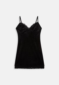 Juodas aksominis camisole'as su reguliuojamomis petnešomis, banguotu nėriniu iškirptėje ir banguotu nėriniu apatinėje dalyje, lygus paviršius. Be rankovių dizainas.