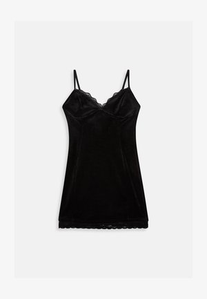 Czarna aksamitna kamizelka na ramiączkach z regulowanymi ramiączkami, żakardowym wykończeniem dekoltu oraz dołem z koronką, gładka faktura. Bez rękawów.