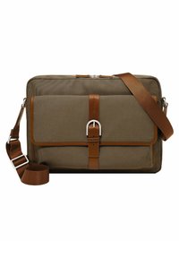 Messenger bag in olive green fabric with brown leather accents. Features a front flap, silver hardware, and an adjustable strap.