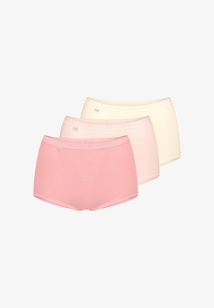 Trzy pary damskiej bielizny w różnych pastelowych odcieniach: jasnoróżowym, brzoskwiniowym i kremowym. Wykonane z gładkiej tkaniny, ozdobione koronkową lamówką.
