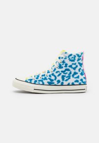 High-top sneakers with a blue and white leopard print fur material, yellow and pink accents, white laces, and a black striped rubber sole.