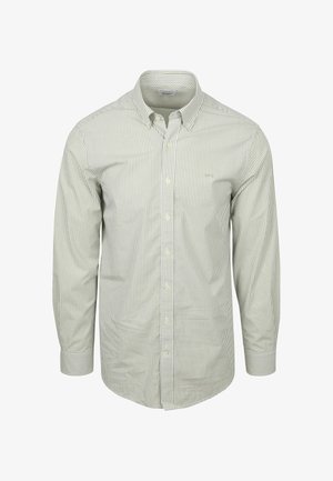 Lichtgroen en wit gestreept overhemd met knopen, lange mouwen, standaard kraag, gemaakt van katoen, heeft een logo op de borst, klassieke pasvorm.
