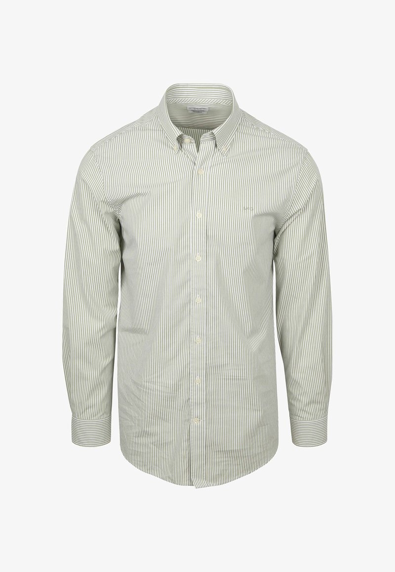 Lichtgroen en wit gestreept overhemd met knopen, lange mouwen, standaard kraag, gemaakt van katoen, heeft een logo op de borst, klassieke pasvorm.