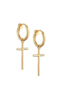 Goldene CreolenOhrringe mit einem hängenden Kreuz. Das Kreuz verfügt über einen horizontalen und einen vertikalen Balken, mit einer glatten Oberfläche und einem polierten Finish.