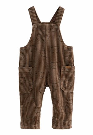 Braune Corduroy-Latzhosen mit vertikalen Streifen, die ein Bärenkopf-Muster aufweisen, zwei vordere Taschen haben und über verstellbare Träger verfügen.