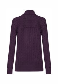 Lila Strickpullover mit hohem Kragen, langen Ärmeln, strukturierter Rippung und angepasstem Saum. Verfügt über komplexe Zopfmuster im gesamten Design.