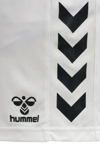 White sports shorts with black chevron stripes along the side and a black logo at the bottom, crafted from breathable fabric.